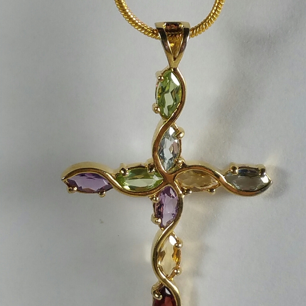 DESIGNER CROSS GOLD STERLING GEM PENDANT NECKLACE